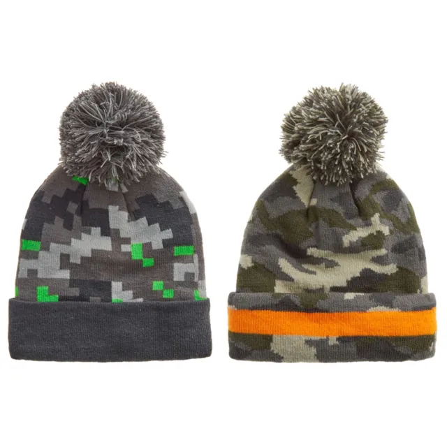 Kids Boys Bobble Hat Junior Warm Thick Winter Camo Pixels Age 7-13 Years