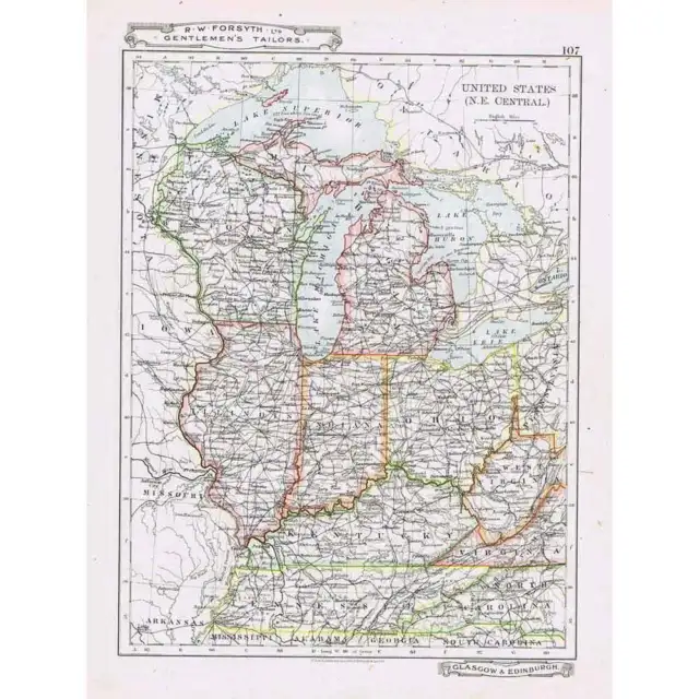 USA (NE Central) Wisconsin, Michigan, Ohio - Antique Map c1912 by W&AK Johnston