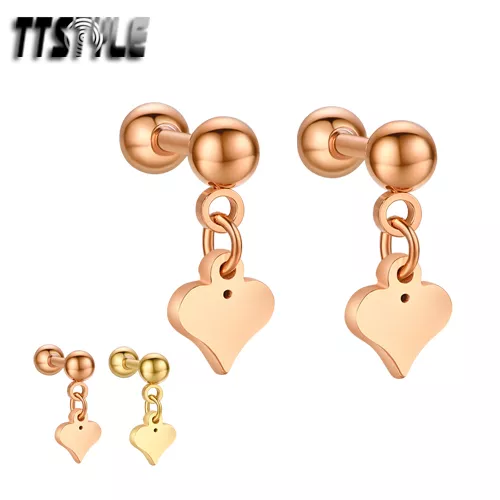 TTstyle Surgical Steel Dangle Cartilage Tragus Heart Earrings Pair Gold/Rose