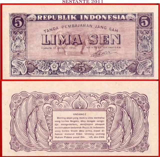 $ INDONESIA - 5 SEN 17.10. 1945 - P 14 - UNC;  free shipping from 100$