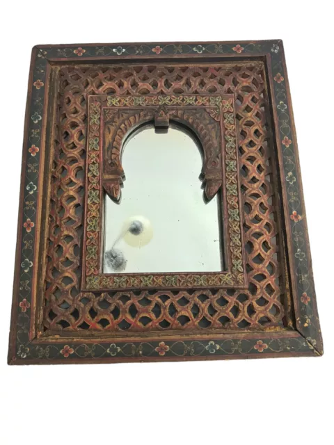 Jharokha Rajastan Vintage Wood Carved Hand Painted Wall Mirror Indian Moroccan