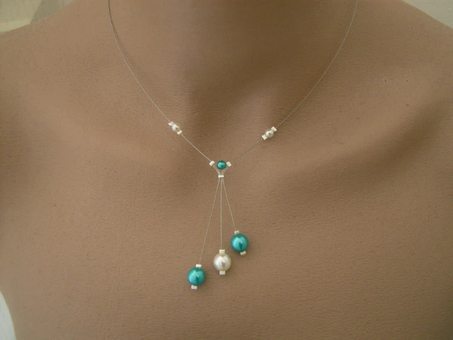 Collier Bleu Turquoise & Blanc Perles - Pour Robe De Mariée, Soirée Ou Cérémonie, Neuf Avec étiquettes