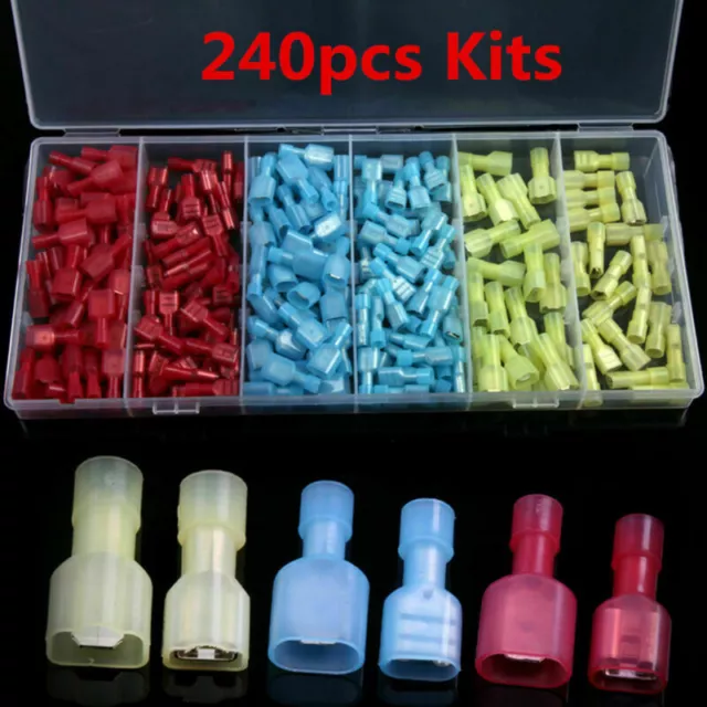 240×Insulated Assortment Electrical Crimp Wire Connector Terminals Spade Set Kit