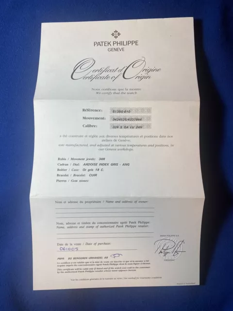 Patek Phillipe Certificate Guarantee Of Origin For Gondolo Annual Calendar 5135G
