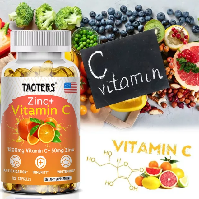 Vitamin C + Zinc Capsules High Strength Immune System Health Support - 120 Caps