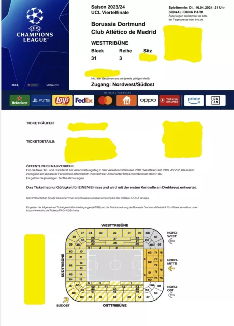 1x Ticket BVB Borussia Dortmund - Atletico Madrid Westtribüne Block 31 Reihe 3