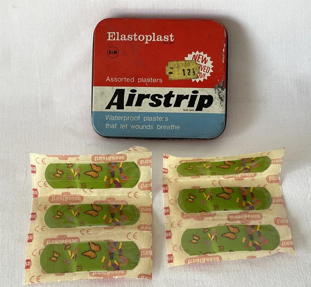 Vintage ELASTOPLAST Airstrip 1st Aid Dressings Sticking Tin + Butterfly Plasters