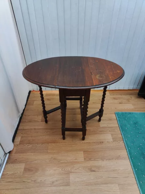 Small Drop Leaf Oval Oak Wooden Table With Barley Twist Legs