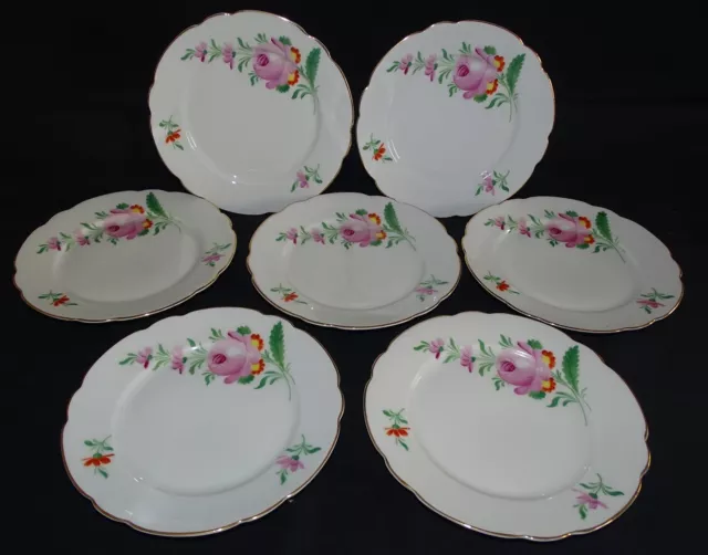 KPM Germany 7 Salad Plates 7 5/8" -Large Pink Rose w/ Red -Scalloped Edge