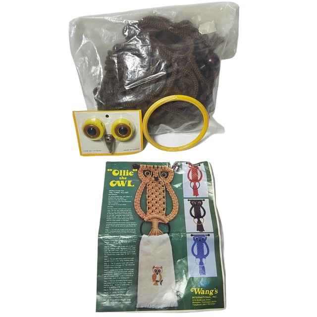 VTG 1970s Retro MOD Owl Macrame wangs Craft Kit dark brown towel holder