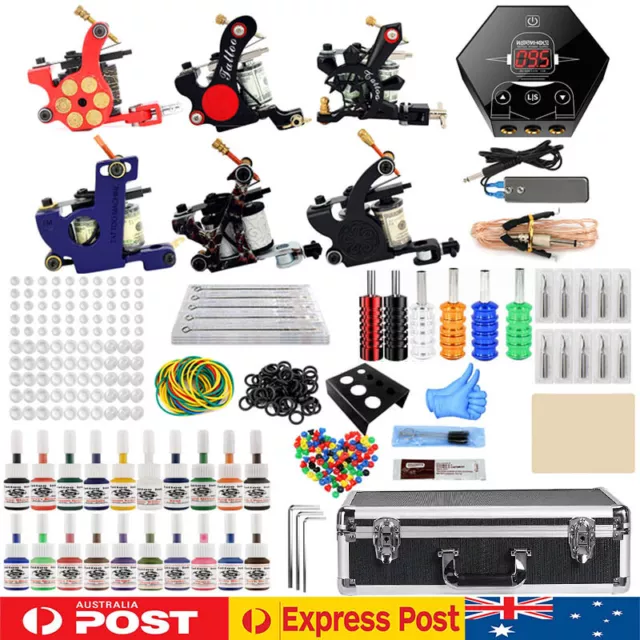 Wormhole Tattoo Kit 6 Machine Gun 20 Color Inks Power Supply Needles Grip Tips