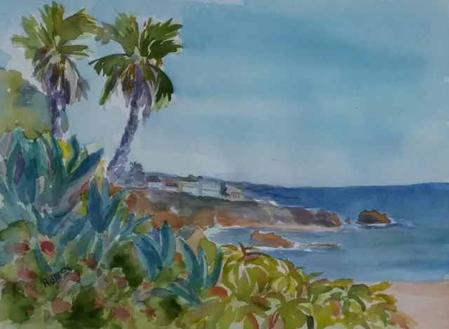 "Diver's Cove" Original Watercolor Painting RAMfish Artist Beach Palms