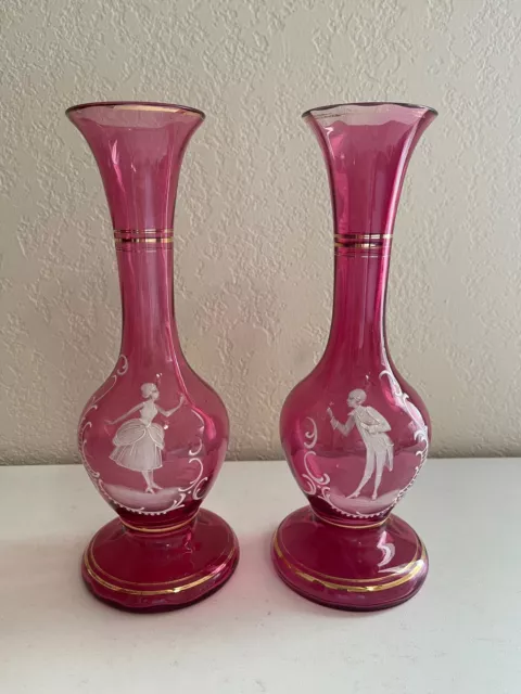 Antique Cranberry Glass Mary Gregory Style Pair of Vases Enamel Courting Couple