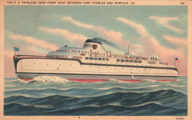Vintage Postcard 1938 S.S. Princess Anne Ferry Boat Cape Charles & Norfolk VA