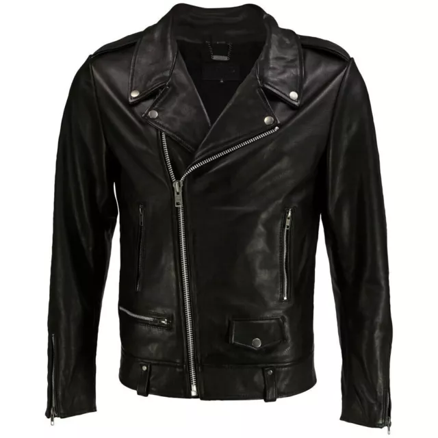 New Men Brando Sheepskin Black Leather Jacket Asymmetrical Biker Motorcycle