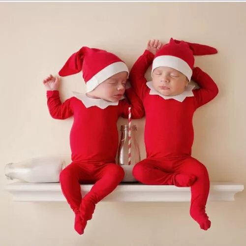 Newborn Baby Girl Boy Christmas Elf Costume Santa Hat Romper Outfit Photo Props