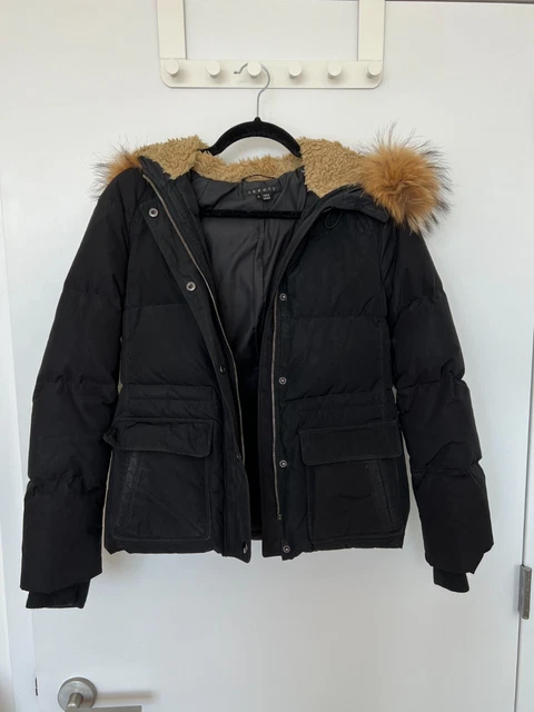 Theory women black down jacket with zipper fleece hood and fur SIZE S