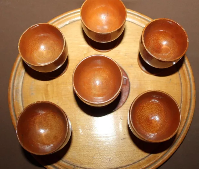 Vintage Hand Made Lacquer Wood Set 6 Goblets And Tray