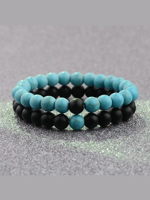 Bracelets de distance - vendeur britannique, 2 pièces perles noires mates et aqua 8 mm. Cadeau des amoureux.