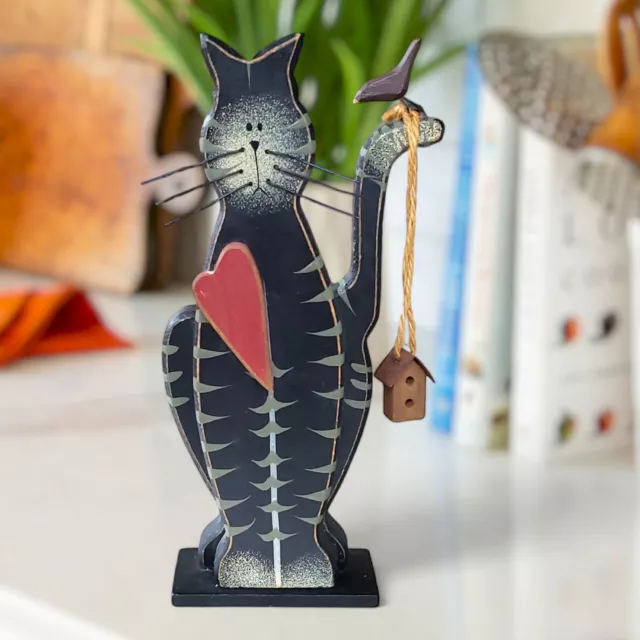 Folk Art Black & Gray Cat With a Big Heart Bird & Bird House Wood Figurine