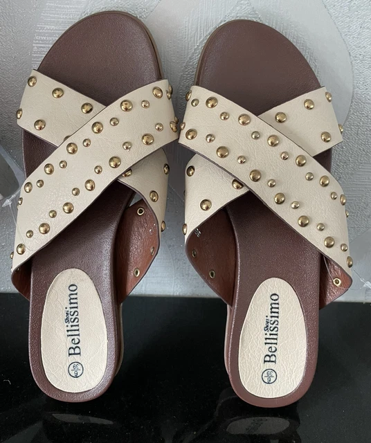 BEIGE BELLISSIMO GOLD Studded Slip On Summer Sandal Shoes BNWT