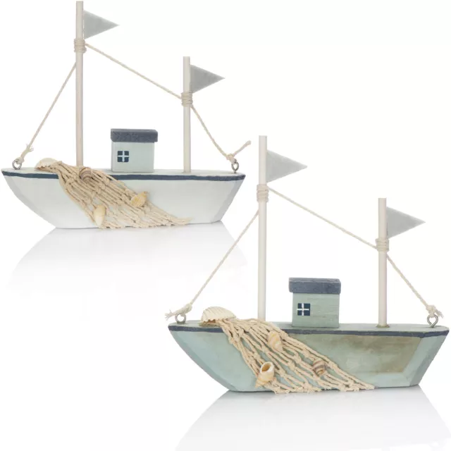 2x Maritimes Deko Schiff aus Holz mit Fischernetz & Muscheln [Auswahl variiert]