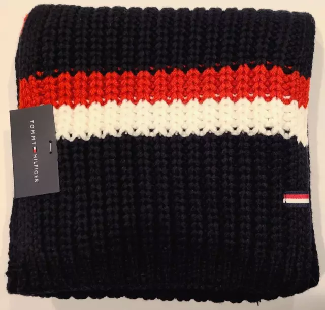 Tommy Hilfiger Men's Chunky Knit Stripes Scarf Navy Combo 72" X 9" New MSRP$60