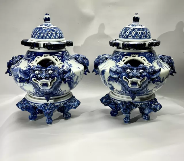 Antique Chinese Blue and White Qing Dynasty Foo Dog w/ Birds Censer Pair