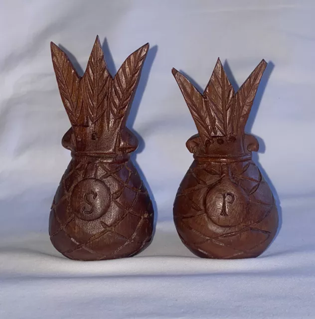 Vintage “TIKI” Teak Salt & Pepper Shakers Pineapple Carved with Stoppers