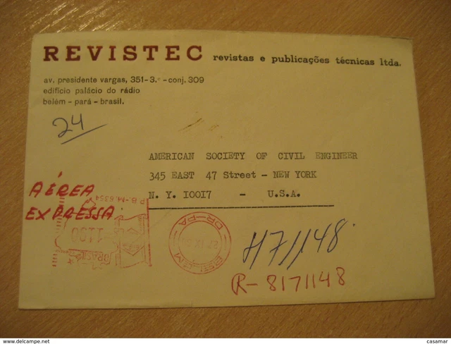 Belem 1968 To New York USA Meter Air Express Mail Cancel Cover Brazil Bre