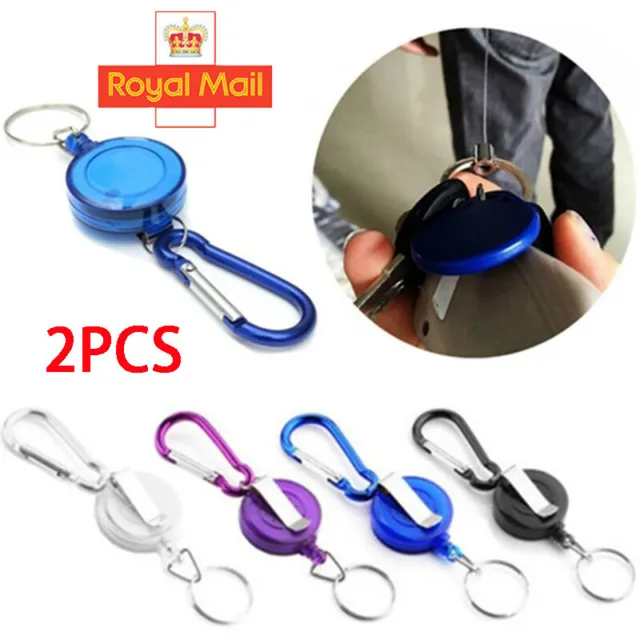 2X Stainless Pull Ring Retractable Key Chain Recoil Keyring Heavy Duty Steel UK