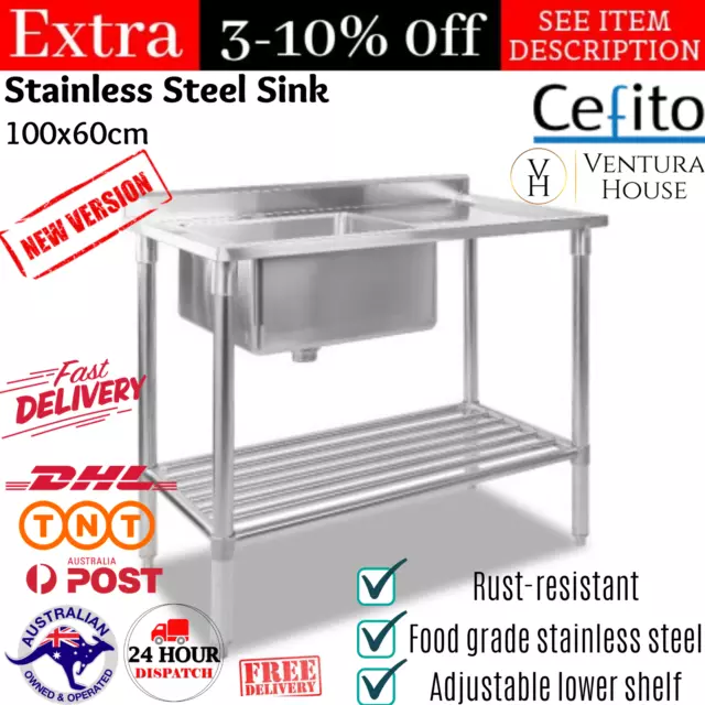 Cefito 100x60cm Commercial Stainless Sink Kitchen Commercial Single Bowl Bench