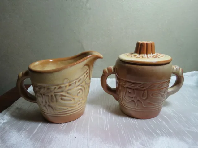 Frankoma Mayan Aztec Desert Gold creamer and covered sugar bowl