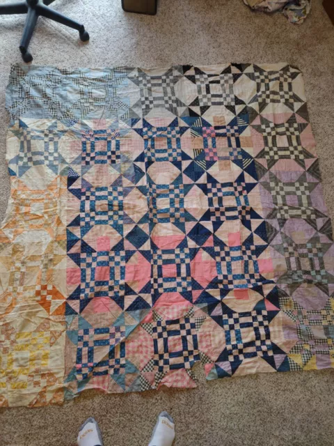 Vintage Cotton Hand Pieced Patch Squares Quilt TOP