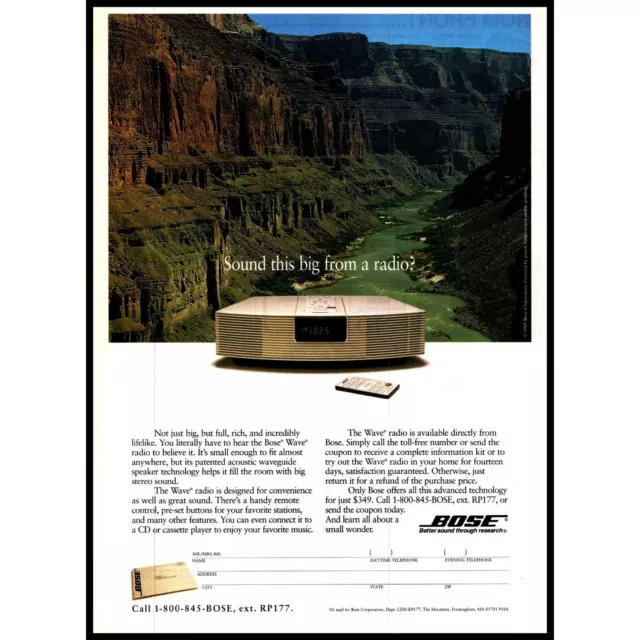 1995 Bose Wave Radio Vintage Print Ad Grand Canyon Colorado River Wall Art