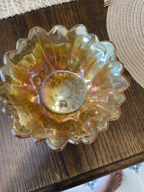 Vintage Indiana Iridescent Carnival Glass Sunflower Marigold Amber 7" Bowl