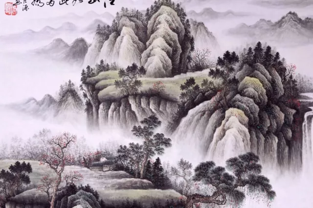 ORIENTAL ASIAN ART CHINESE SANSUI WATERCOLOR PAINTING-Mountains&cloud&tree 3