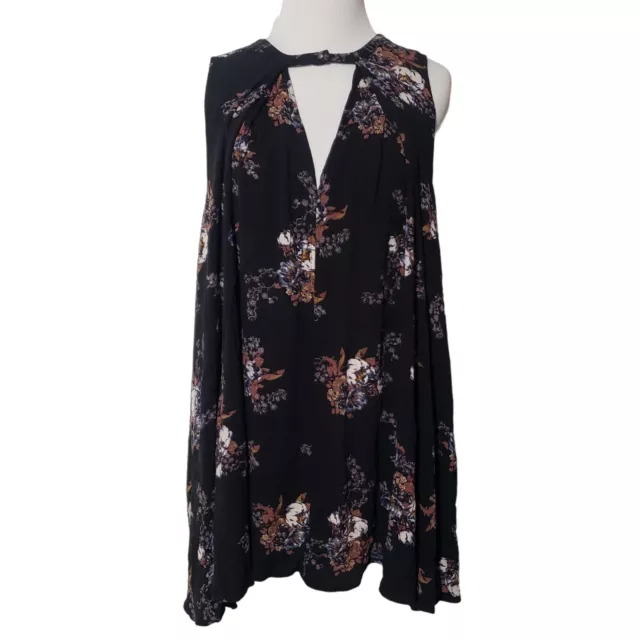 Free People Dark Floral Swing Tunic Keyhole Black Boho Dress Womens Sz Small