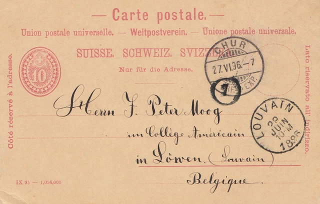 Schweiz: Ganzsache: 1896: Chur nach Louvain/Belgien
