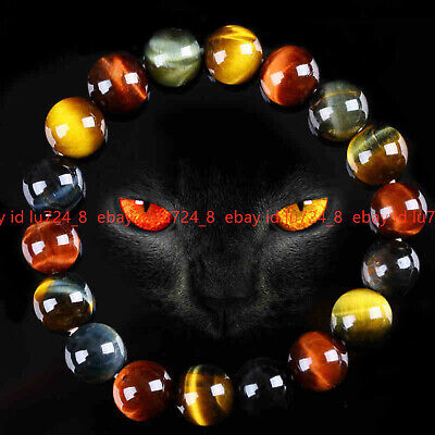 100% Natural 12mm Colorful Tiger Eye Stone Gemstone Beads Bracelet Bangle 7-9''