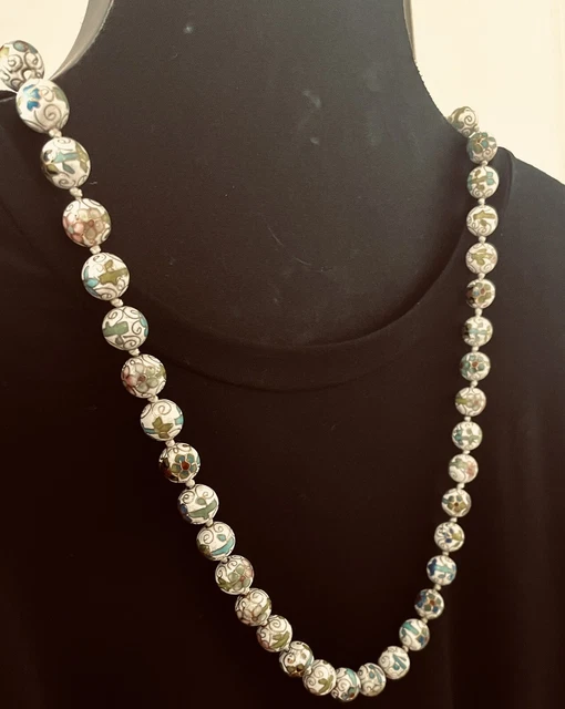 Vintage Cloisonne Necklace long hand-knotted Floral beads Fabulous Condition 