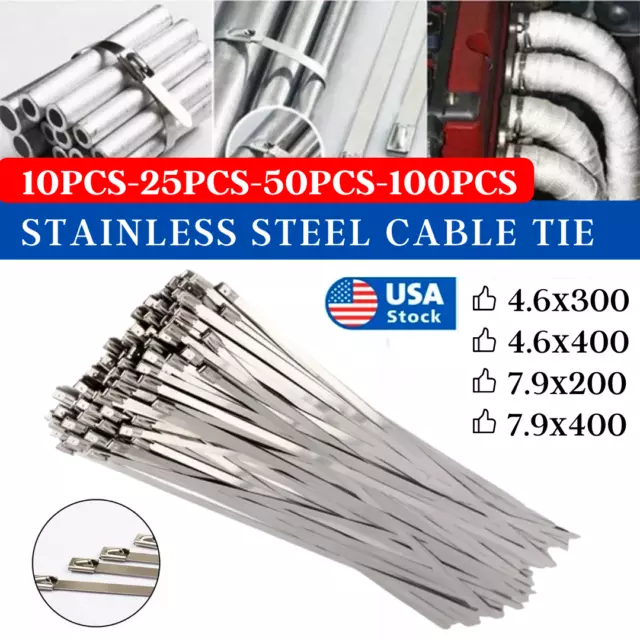 Stainless Steel Exhaust Wrap Multi-Purpose Locking Cable Metal Zip Ties LOT US