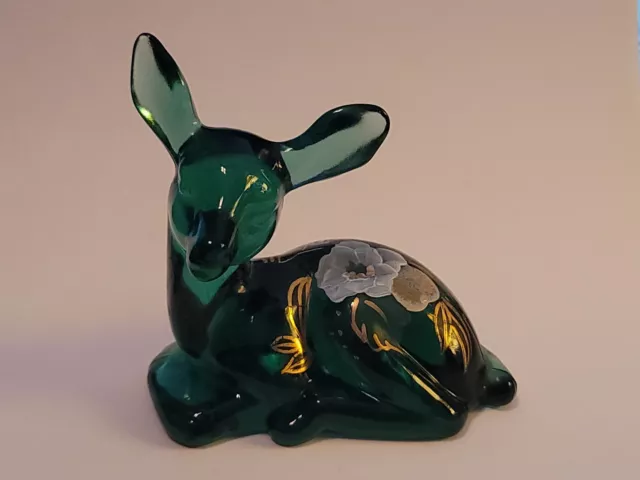 Vintage Fenton Hand Painted Green Glass Deer Fawn Signed J. Cutshaw Flowers Gold