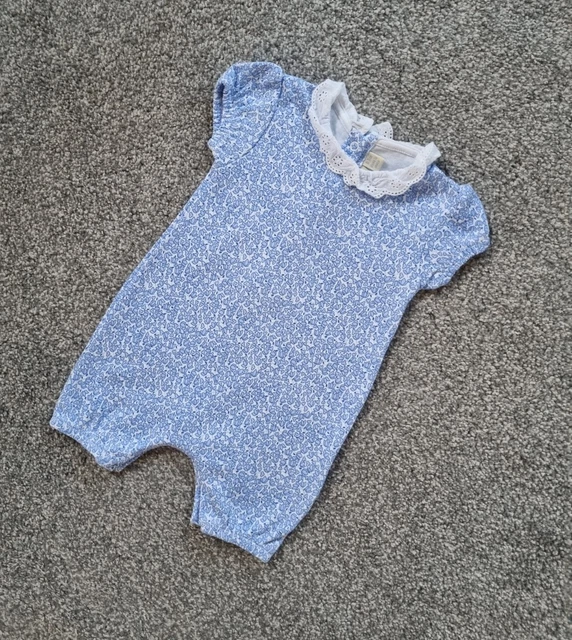Baby Girls Jojo Maman Bebe Romper Outfit 0-3 Months Blue Floral Frill Collar dd