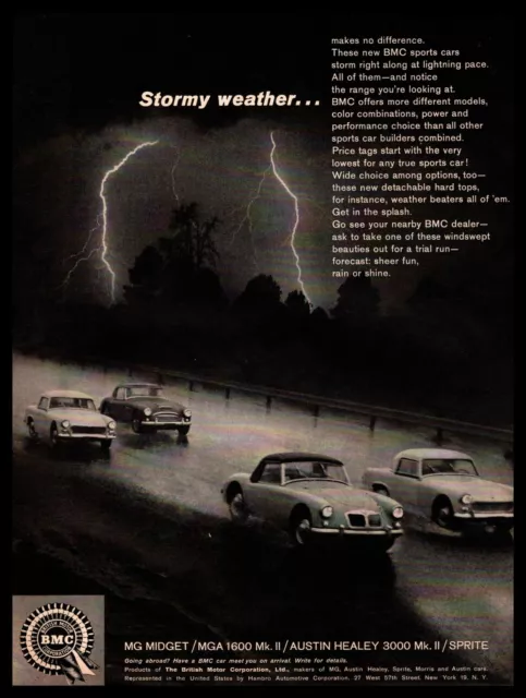 1962 MG Midget MGA 1600 Mk II Austin Healey 3000 Sprite Stormy Weather Print Ad