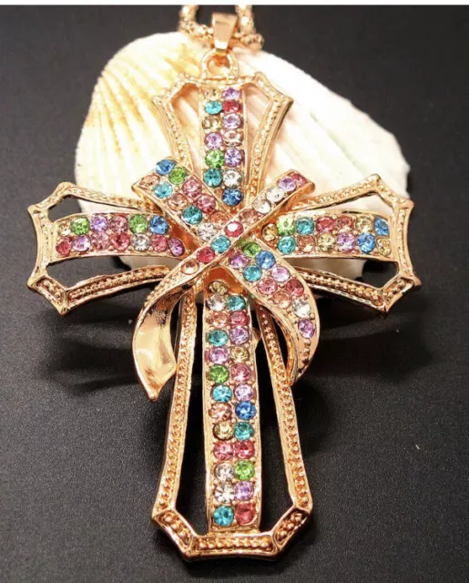 Betsey Johnson Colored Rhinestone Crystal Cross Pendant Chain Necklace NWT