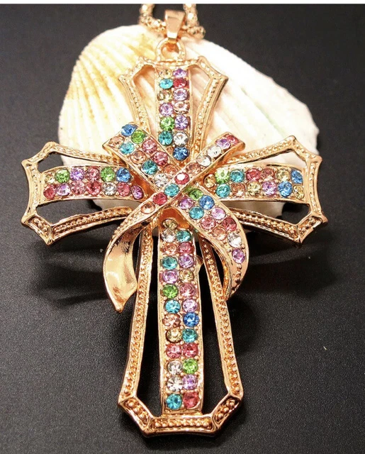 Betsey Johnson Colored Rhinestone Crystal Cross Pendant Chain Necklace NWT