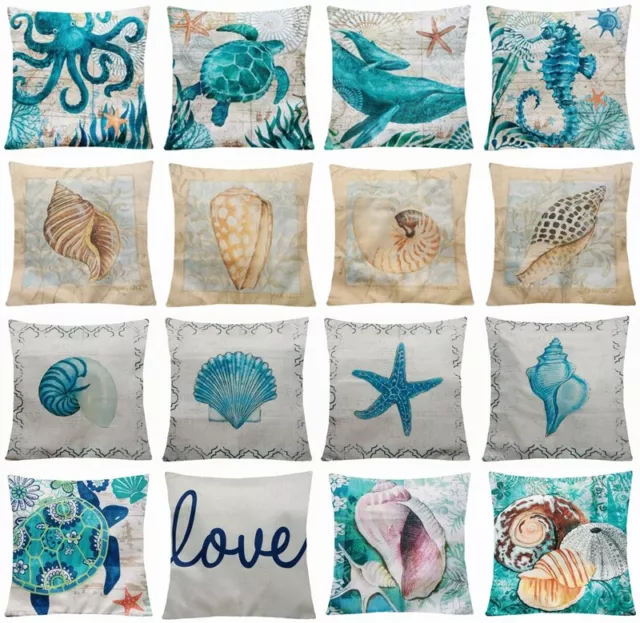 PILLOW COVER Teal Blue Ocean Sea Turtle Decorative Bed Retro Cushion Case 18x18"