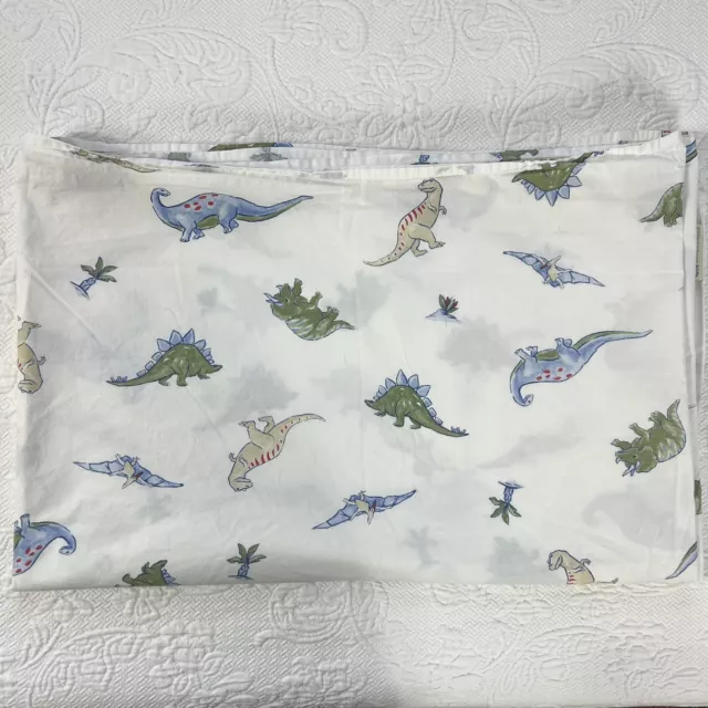 Pottery Barn Kids Cotton Colorful Dinosaurs Twin Flat Sheet White Blue Green