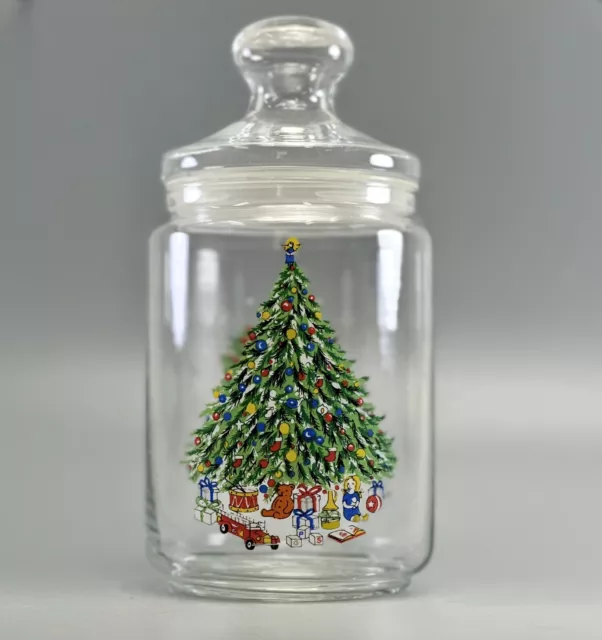 Noel France Christmas Holiday Tree Glass Candy Treat Canister Jar Vintage 8”